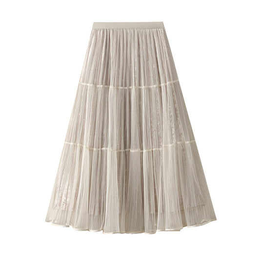 Stitching Pleated Mesh Velvet Skirt Women Autumn Winter High Waist Slimming A line Skirt Mid Length