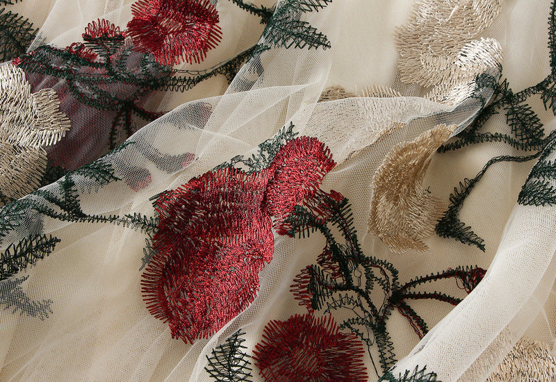 Retro High Waist Slimming Embroidered Large Floral Sweet Net Yarn Mid Length Fairy Skirt