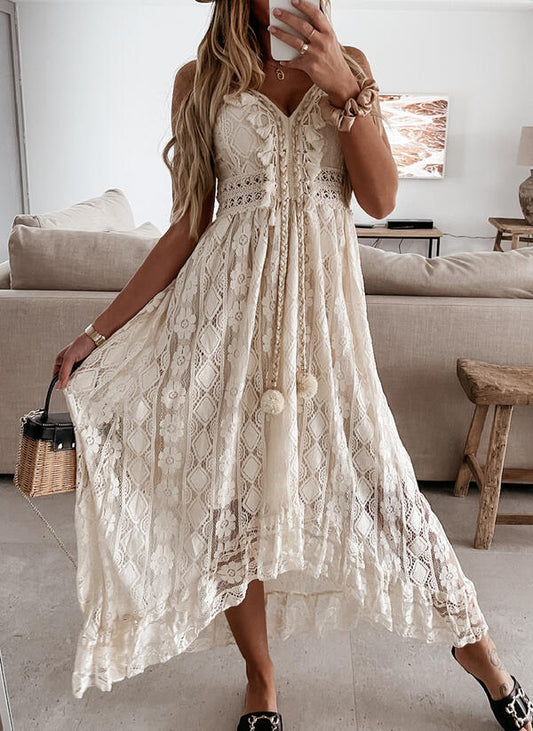 Summer Lace Sling Large Swing Solid Color Long Maxi Dress