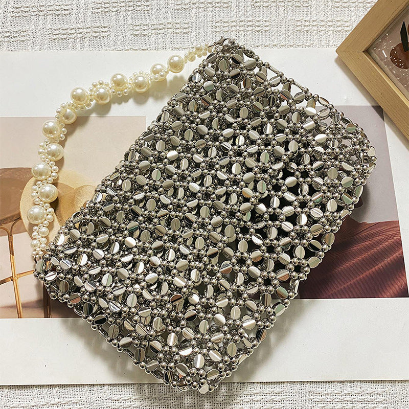 Korean Niche Casual Beaded Woven Bag Chain Shoulder Bag Simple All Match Crossbody Handbag for Women