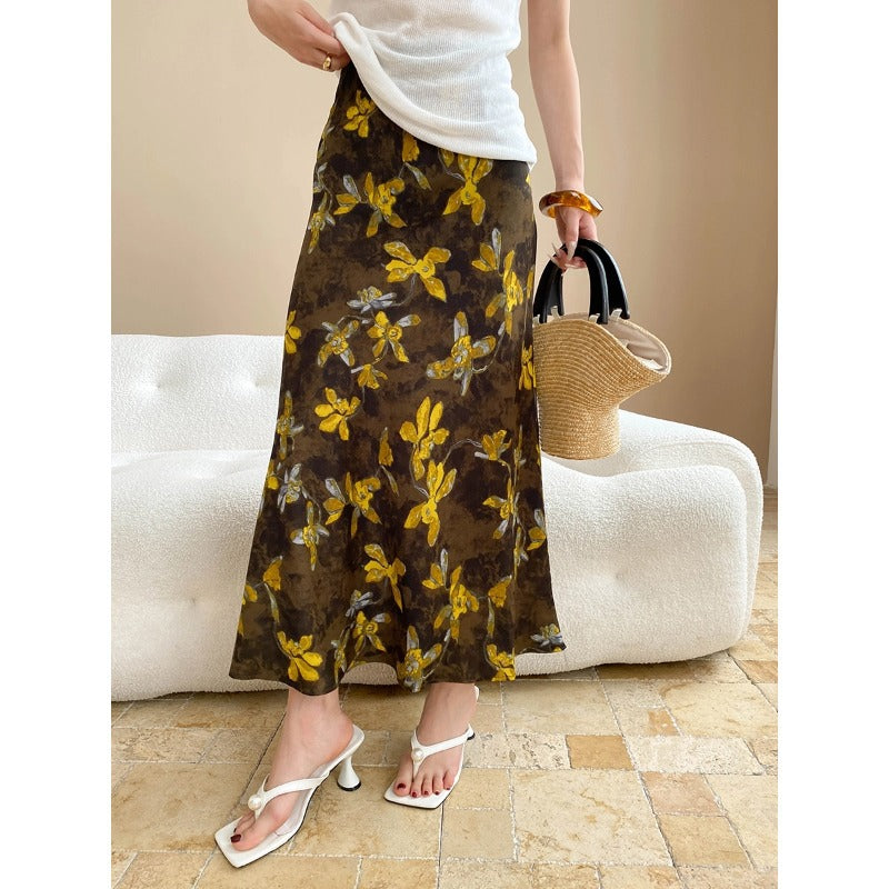 French Oil Painting Design Floral High Waist Slimming Fishtail Sheath A line Skirt