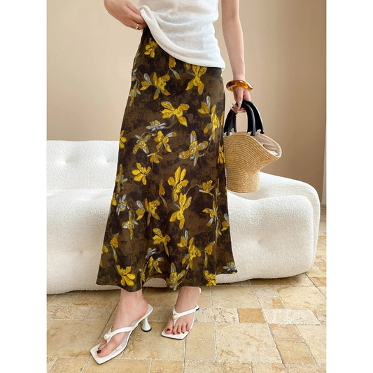 French Oil Painting Design Floral High Waist Slimming Fishtail Sheath A line Skirt