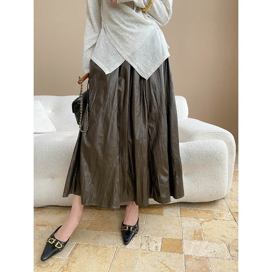 Early Autumn Light Luxury Texture Pleated Faux Leather Elastic Waist A line Leather Skirt