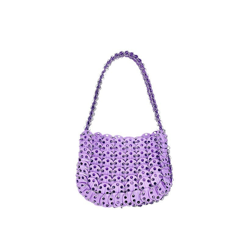 High Grade Metal Painted Iron Sequ Solid Color Portable Underarm Bag Hand Woven Women Bag