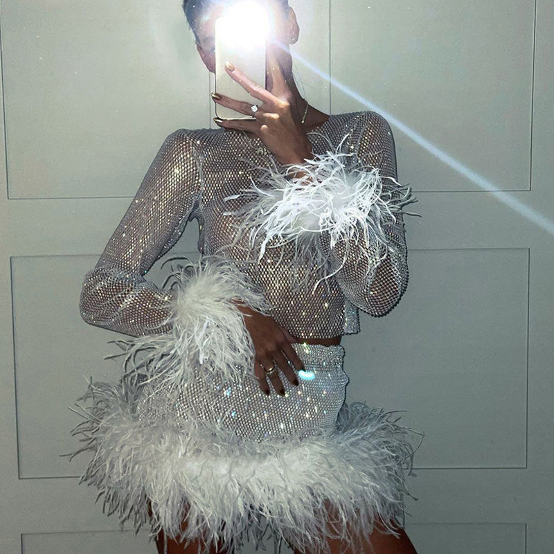 Fashionable Sequ Furry Skirt Set Women Sexy Nightclub Women round Neck Sexy Long Sleeve Short Dress