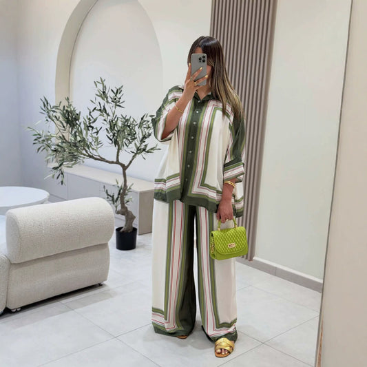 Women Clothing Positioning Printing Dyeing Loose Long Sleeved Shirt Casual Pants Two Piece Set