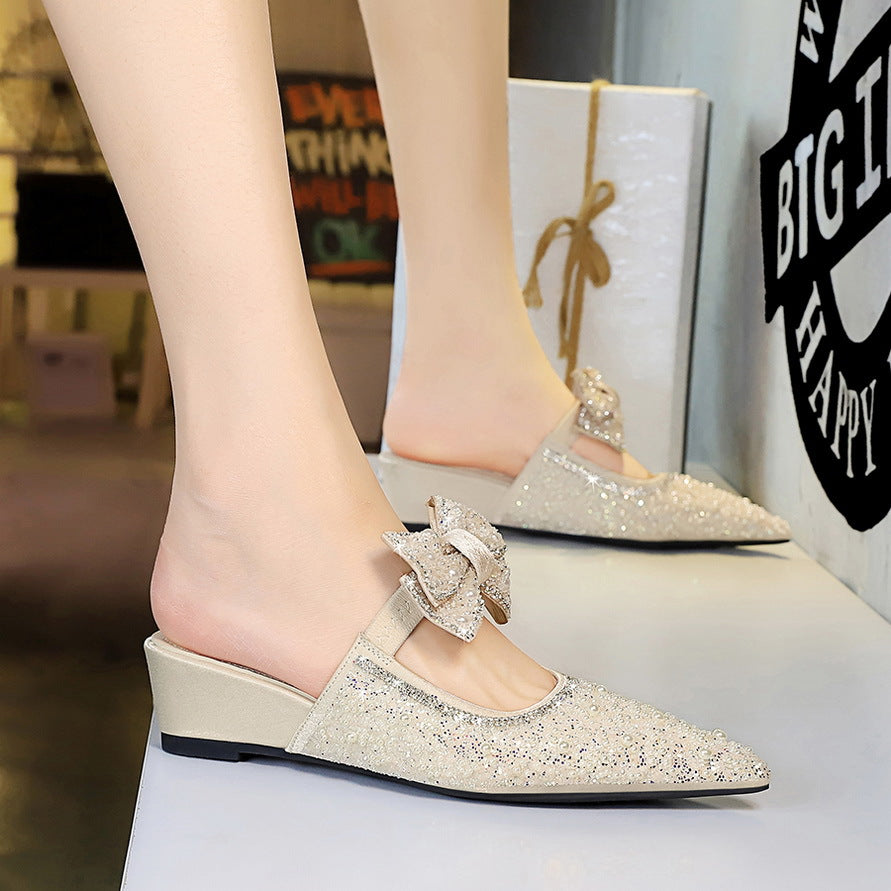 French Fairy Bow Pearl Rhinestone Closed Toe Slippers Women Outer Wear High Class Elegant Slip on Women Shoes