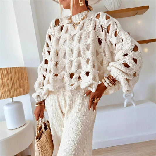 Women asual Solid Color Casual Vacation Beach Hollow Out Cutout-out Hook Floral Long Sleeve Sweater Pullover