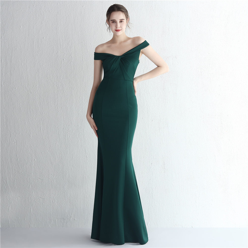 Satin Slim off Shoulder Long Debutante Gala Dinner Slimming Fishtail Wedding Car Model Show Dress