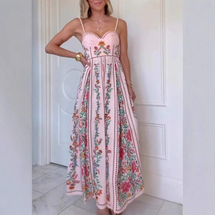 Vestido de vacaciones con estampado y tirantes finos, con cuentas decorativas, sexy, para mujer