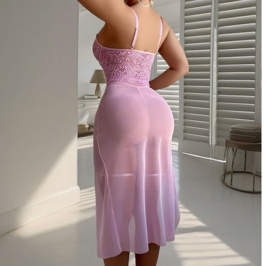 See through Lace Stitching Sexy Lingerie with T Back Women Sexy Light Pajamas Bow Hip Bag Maxi Dress Pajamas