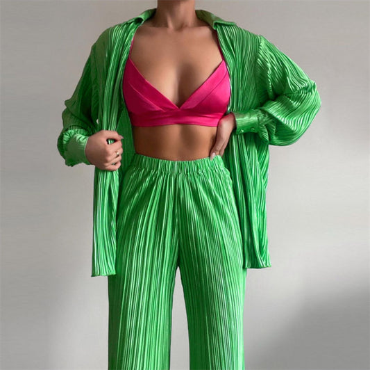 Summer Sexy Suit Women Clothing Pleated Long Sleeve V neck Shirt Casual Pants Two Piece Set