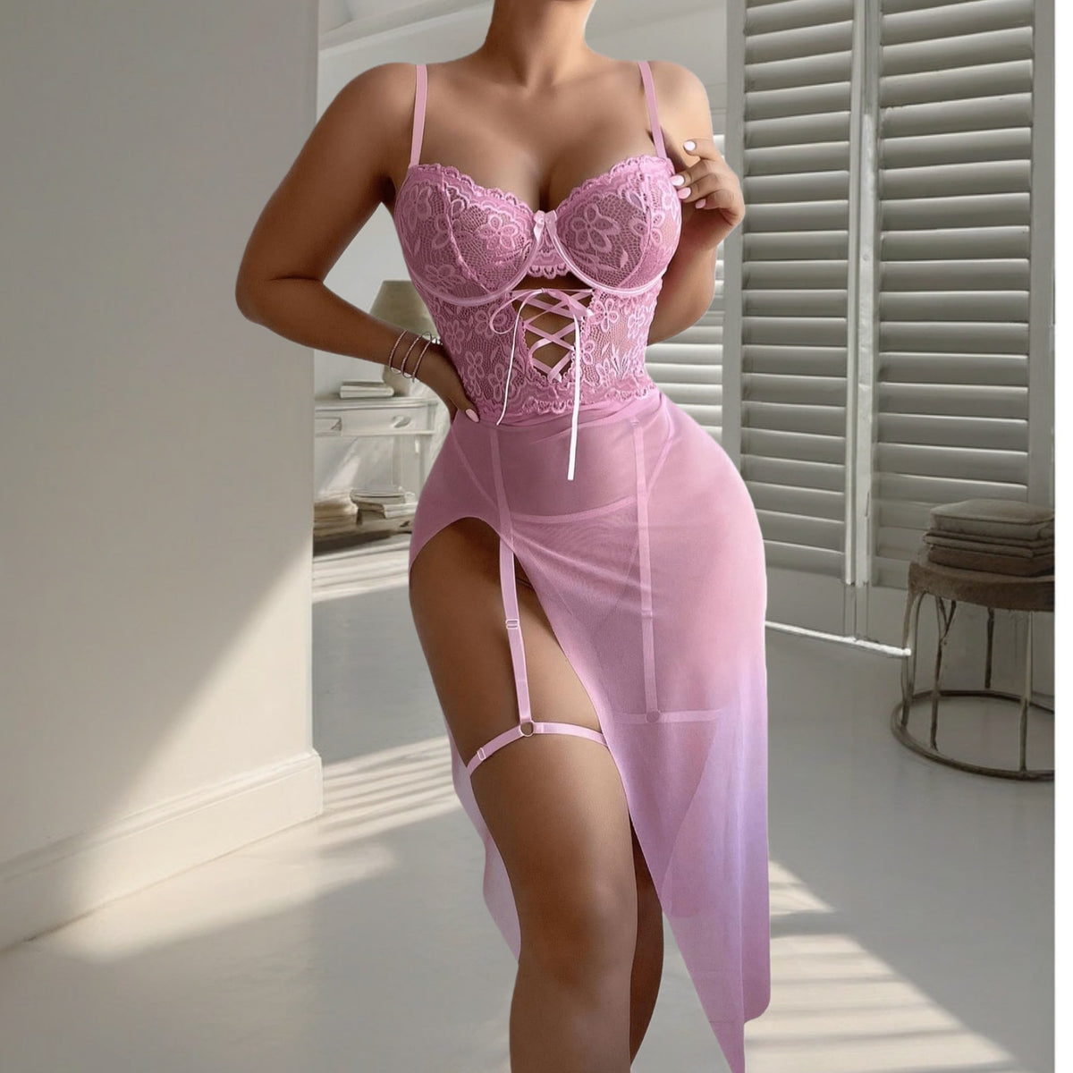 See through Lace Stitching Sexy Lingerie with T Back Women Sexy Light Pajamas Bow Hip Bag Maxi Dress Pajamas