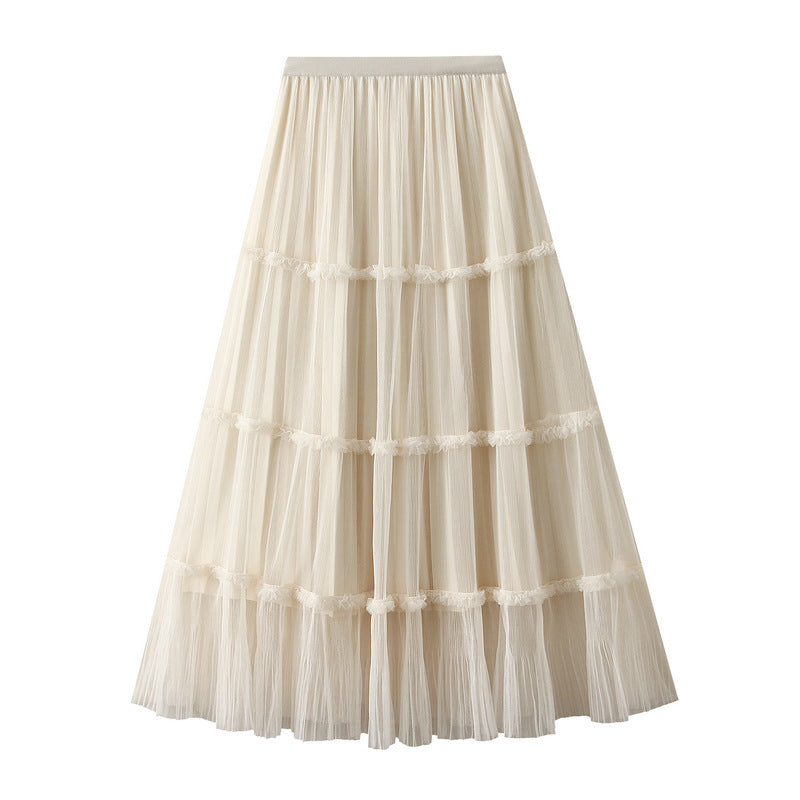 Fashionable Temperamental All Match A line Fairy Mesh Skirt for Women Autumn Large Swing Patchwork