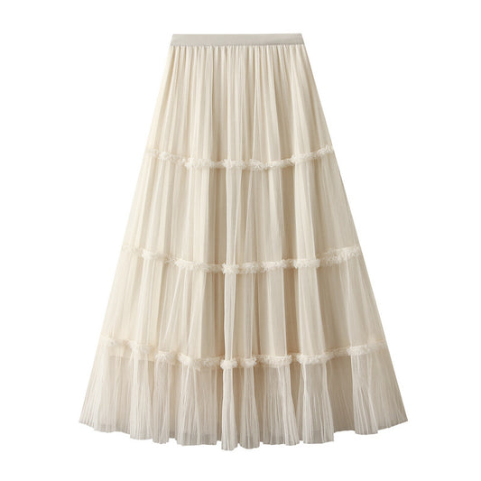 Fashionable Temperamental All Match A line Fairy Mesh Skirt for Women Autumn Large Swing Patchwork