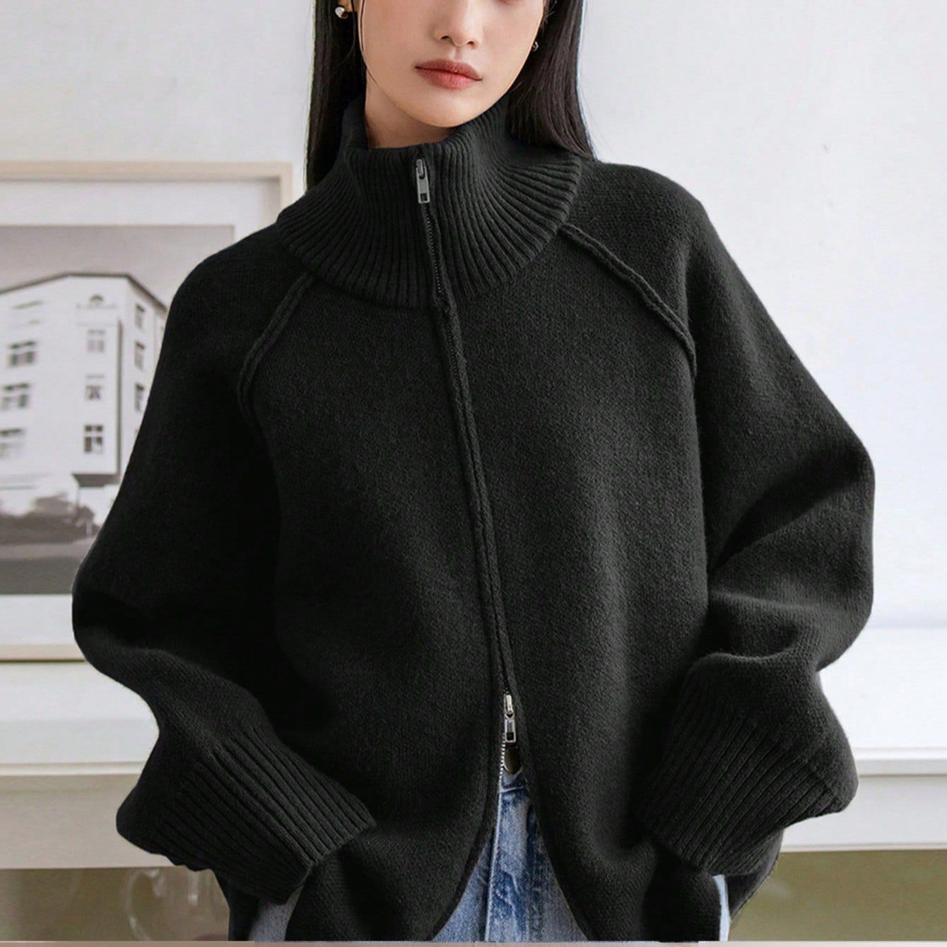 Lazy Sweater Coat Women Autumn Winter Korean Solid Color Stand Collar Zipper Knitted Cardigan Top