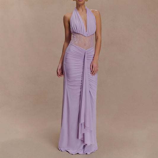 Elegant Deep V Plunge Halter Waist Slimming Maxi Dress Sexy Hollow Out Cutout out Backless Ribbon Dress