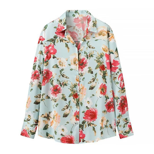 Summer Vacation Printed Silk Satin Texture Collared Long Sleeve Shirt Women
