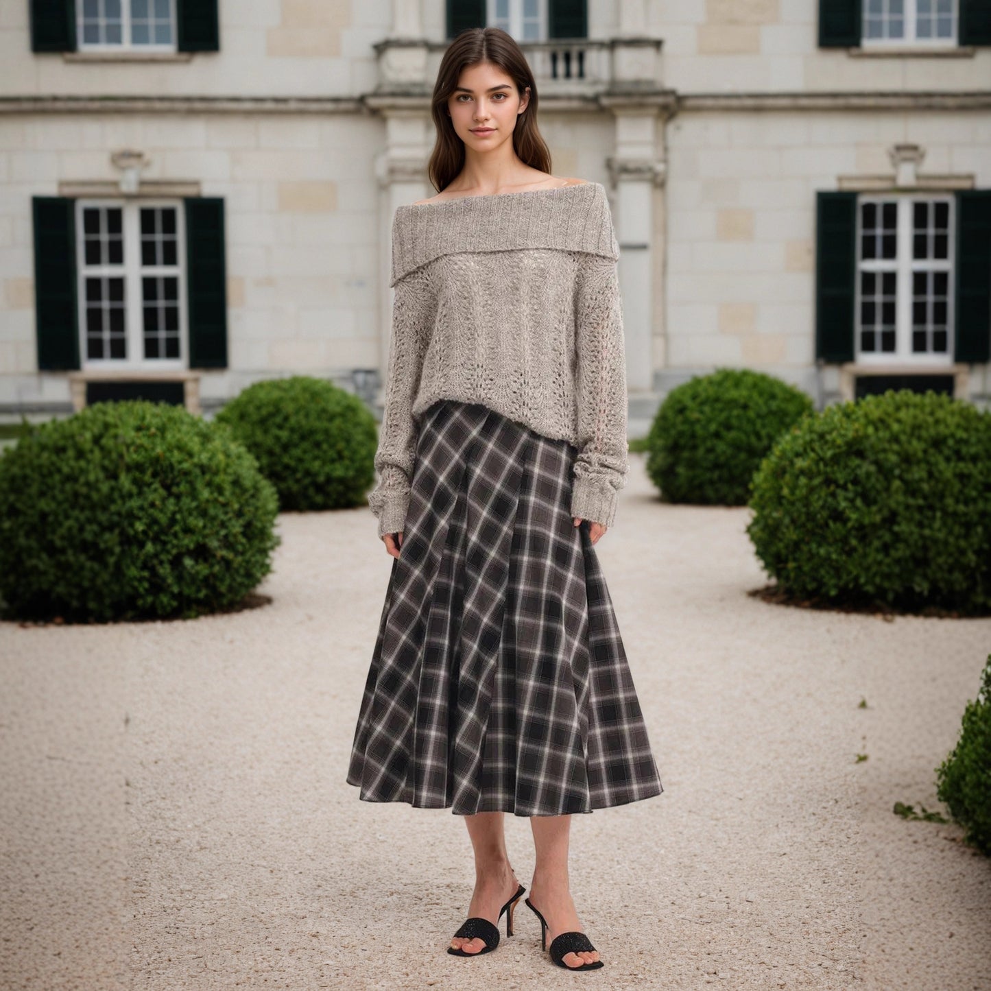 Autumn Winter Woolen Plaid Retro Long Skirt Tight Waist Slimming A line Skirt Large Swing Skirt