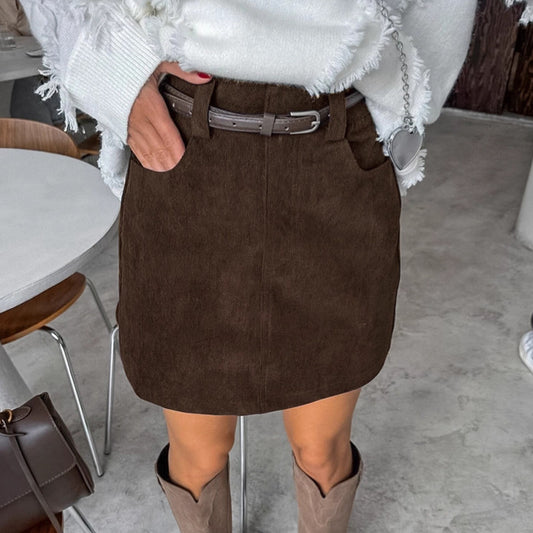 Retro Corduroy Skirt Women Short Autumn High Waist Office All Matching Slimming A line Sheath Skirt(Without Belt)