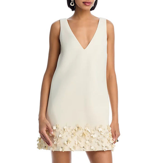 A line Dress Heavy Embroidery Sequ Floral Sexy Deep V Plunge Sleeveless Solid Color Short Dress Women