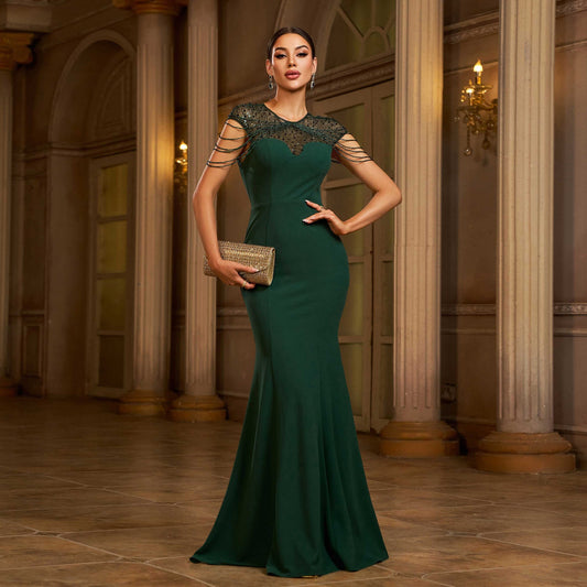 Women Clothing Advanced Sleeveless round Neck Sequ Slim Sheath Cocktail Fishtail Evening Dress