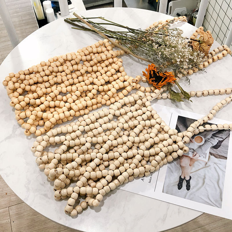 Korean Trendy All Match Autumn Bucket Hollow Out Cutout out Handbag with Wooden Beads Decoration Handmade Beaded Retro One Shoulder Hand Crossbody Bag
