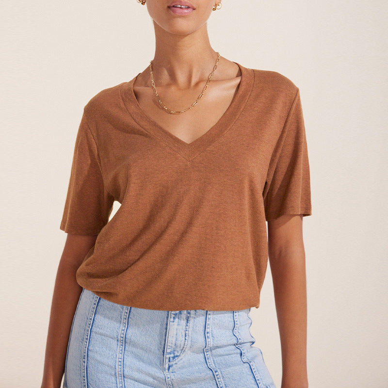 Deep V Plunge Neck Design T Shirt Top Summer Knitted Hemp Bamboo Joint Pullover Short Sleeve Loose T Shirt Women