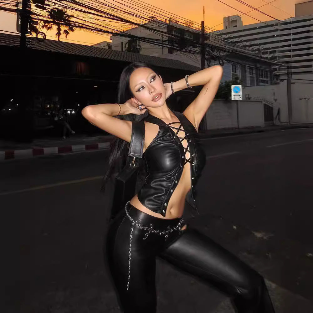 Women Clothing Solid Color Corns Lace Up Faux Leather Sleeveless Vest Women Tops