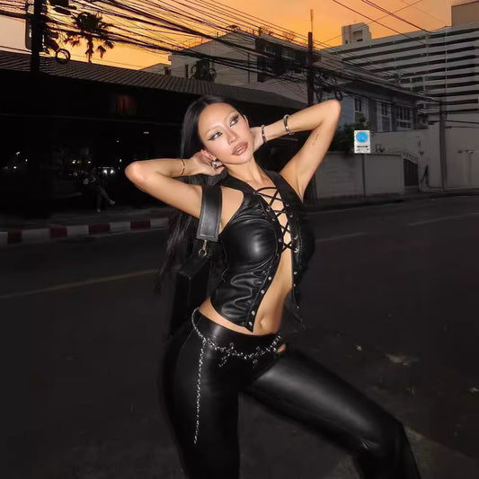 Women Clothing Solid Color Corns Lace Up Faux Leather Sleeveless Vest Women Tops