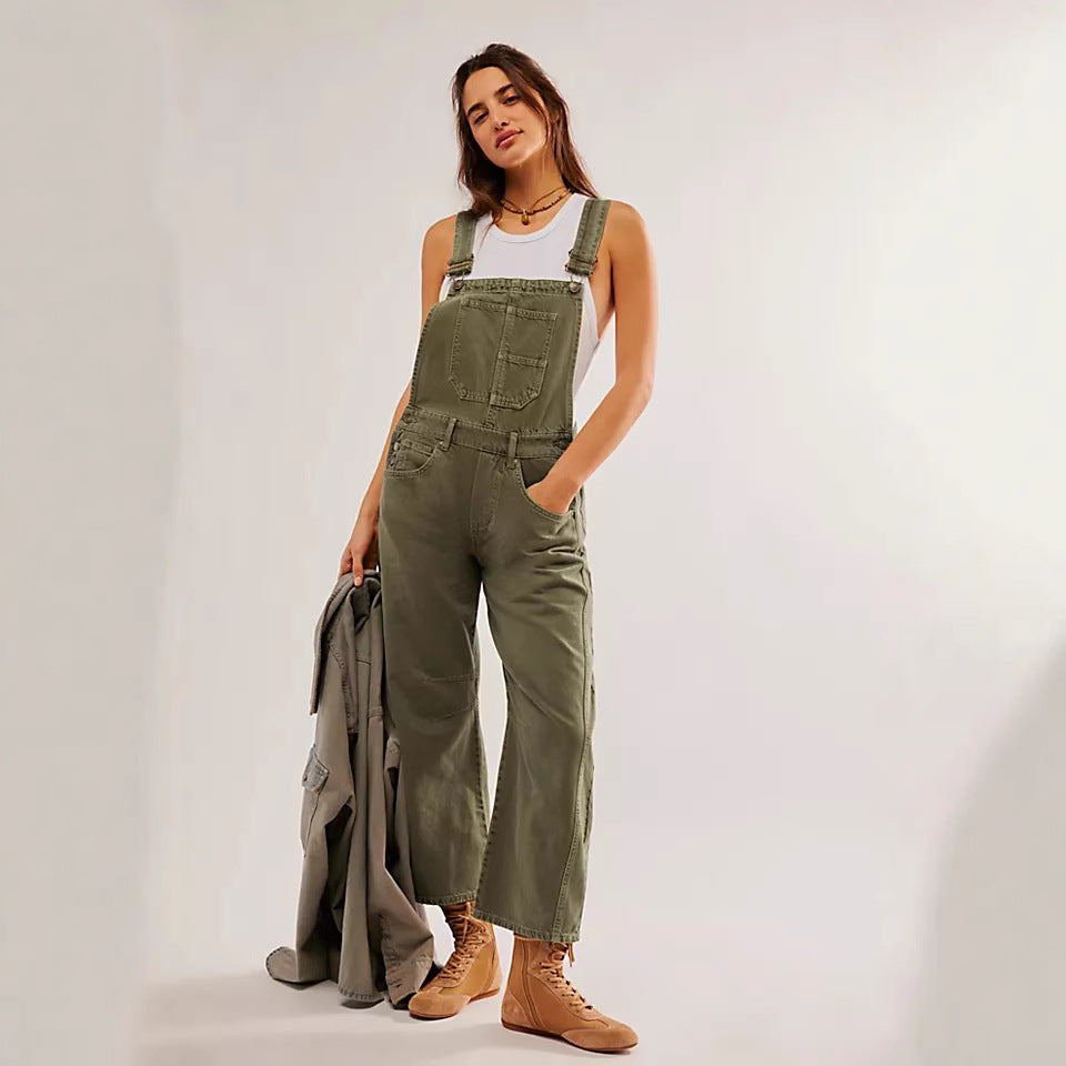 Street Washed out Vintage Loose Straight Cargo Jeans Suspender Pants