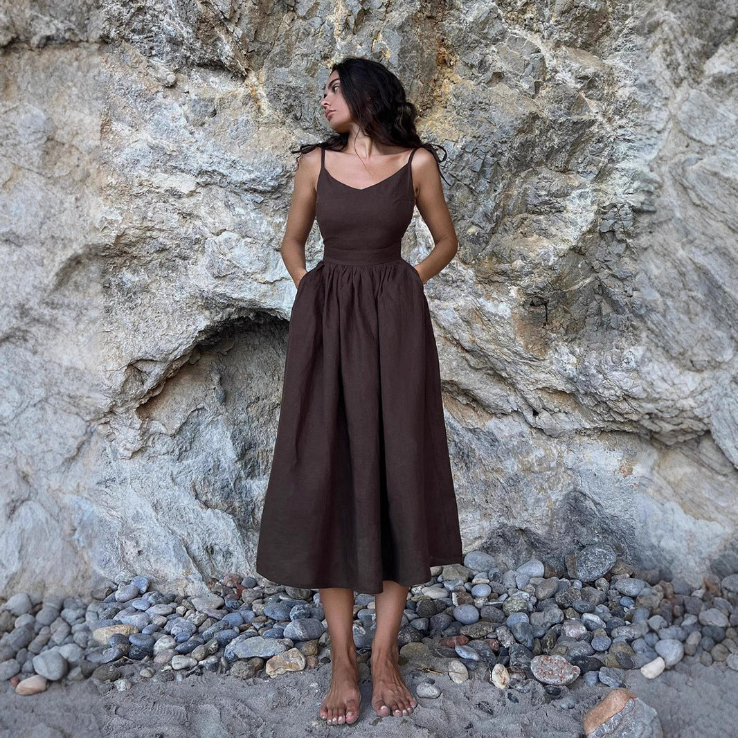 Pure Cotton V neck with Shoulder Straps Women Spring Elegant Sexy Lace up Backless Dress