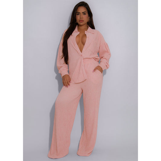 Women Elastic Crumpled Lace up Multi Pocket Swing Pants Wide Leg Pants Two Piece Sets