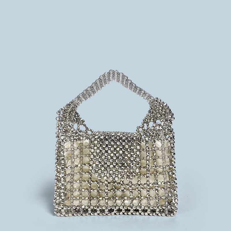 Retro Hollow Out Cutout Metal Silver Hand Woven Beads Small Square Bag Change Mobile Phone Bag Small Handbag