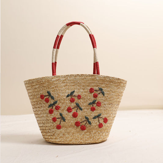 Niche Embroidered Cherry Shoulder Straw Bag Large Capacity Straw Woven Bag Seaside Vacation Beach Bag