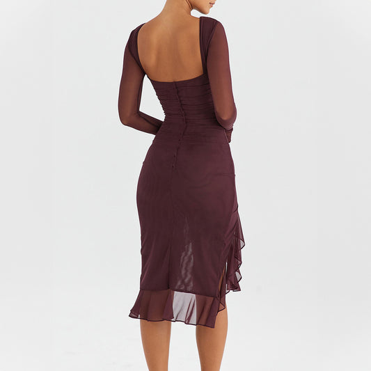 Women Clothing Summer Mesh Long Sleeve Backless Slit Ruffled Dress
