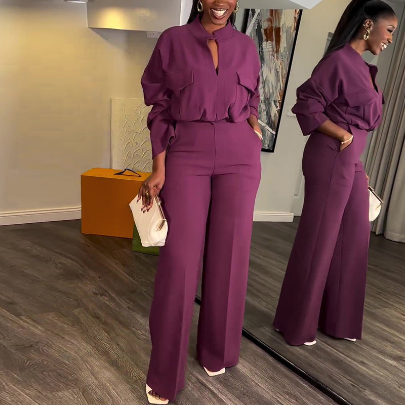 Women Clothes Spring Casual V Neck Long Sleeve Top Wide Leg Trousers Suit