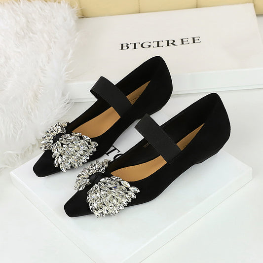 Women KoreanLight Luxury Elastic Band Slip on Women Low Heel Shoes Dazzling Rhinestone Bow Wedge Shoes