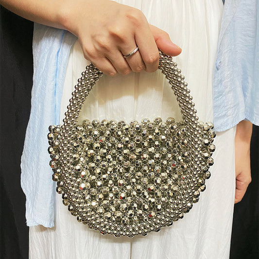 Light Luxury Handmade Beaded Bag Woven French Minority Half Month round Hand Dinner Bag