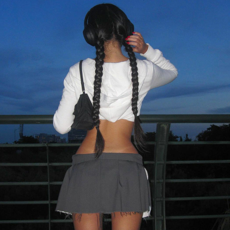 Women Clothing Winter Cardigan Zipper Hooded Slim Fit Cropped Long Sleeves Top