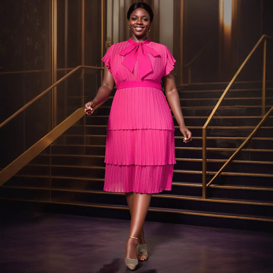 Summer Graceful Bow round Neck Dress Slim Fit Pleated Tiered Dress Party Evening Dress