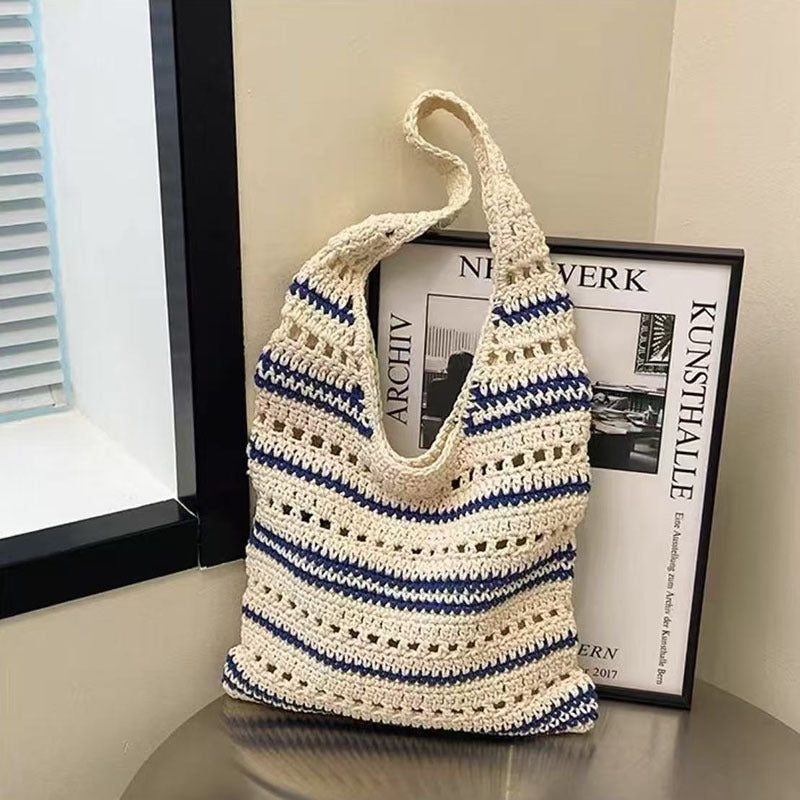 Striped Single Shoulder Cotton Thread Woven Bag Large Capacity Hollow Out Cutout Straw Bag Seaside Vacation Beach Bag