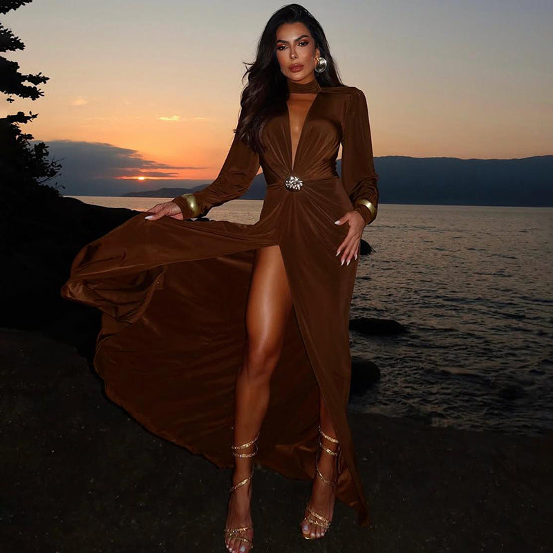 Fall Women Clothing Elegant Sexy Deep V Plunge neck Slim Fit Slit Long Sleeve Dress Women