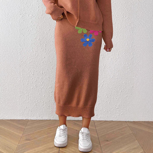 Women Clothing Mid Length Elegant Skirt Embroidered Floral Stitching Woolen Skirt