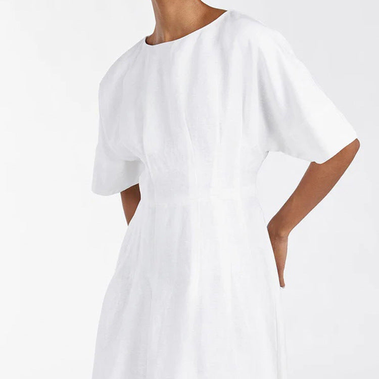 Women Clothing Simple Casual A line Dress Cotton round Neck Short Sleeve Waist Controlled Dress