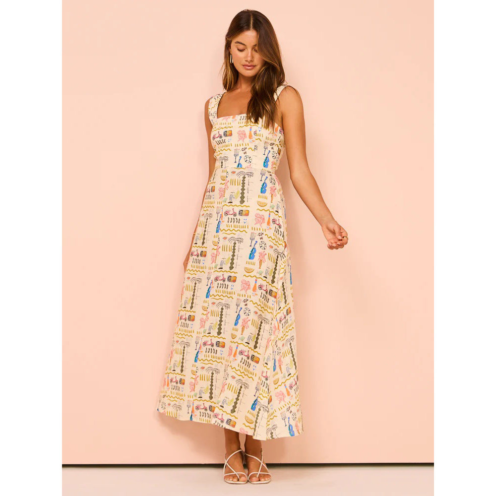 Spring Summer Printed Casual Strap Dress Vacation Zipper Dress