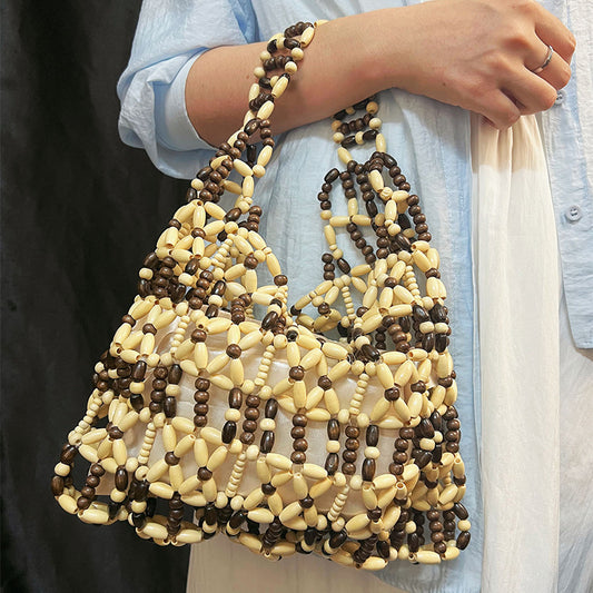 Special Interest Design Casual All Match Handmade Beaded Color Matching Hollow Out Cutout out Woven Vacation Beach Handbag