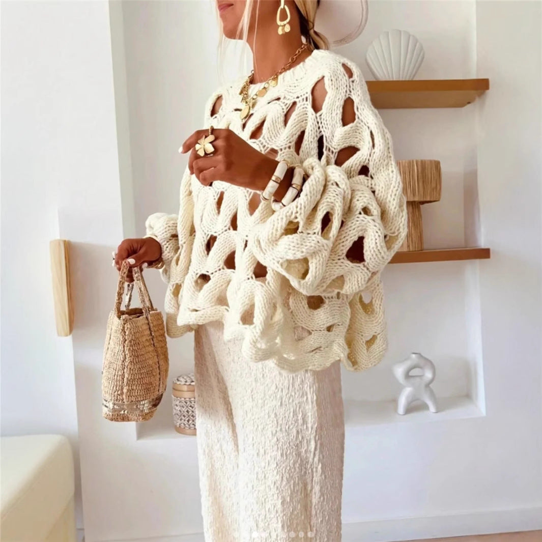 Women asual Solid Color Casual Vacation Beach Hollow Out Cutout-out Hook Floral Long Sleeve Sweater Pullover