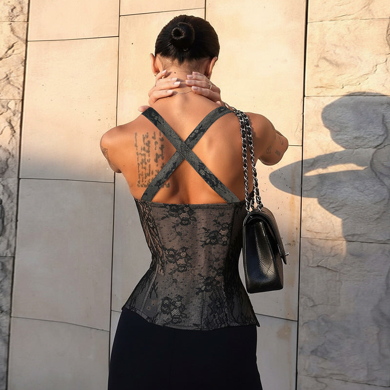 Top de tubo sexy de encaje con cintura, estilo chaleco ajustado que combina con todo para mujer en otoño