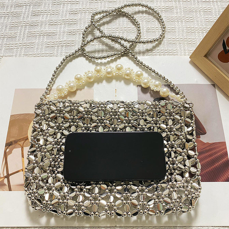 Korean Niche Casual Beaded Woven Bag Chain Shoulder Bag Simple All Match Crossbody Handbag for Women